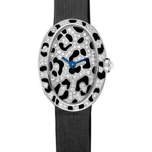 Cartier Mini Baignoire Panther Spots Watch - White Gold Diamond Case - Diamond Dial - Dark Gray Fabric Strap - HPI00703