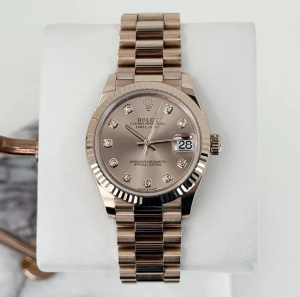 Rolex Datejust 31 Lady Midsize Rose Gold Chocolate Diamond Dial & Fluted Bezel President Bracelet 278275