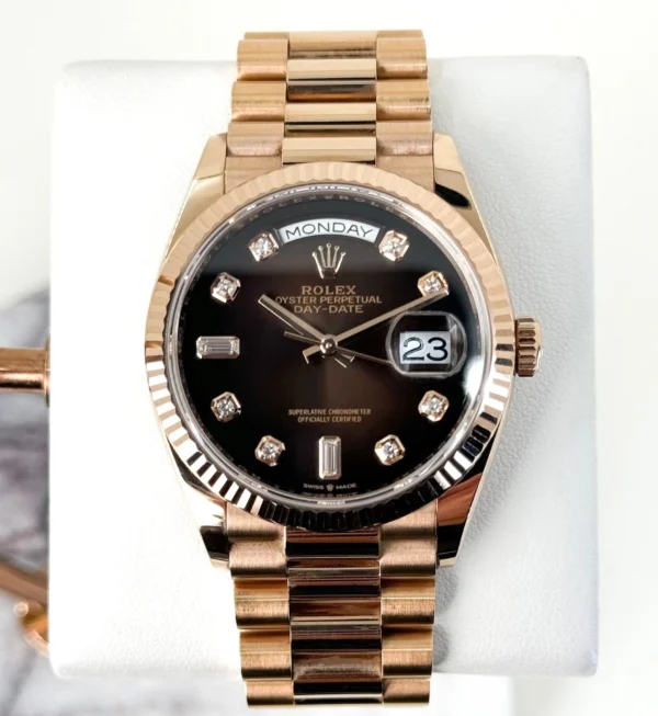 Rolex Day-Date 36 Rose Gold Brown Ombre Diamond Dial & Fluted Bezel President Bracelet 128235