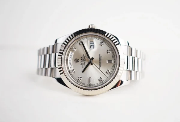 Rolex Day-Date 41mm White Gold Silver Diamond Dial & Fluted Bezel Oyster Bracelet 218239 - Image 3