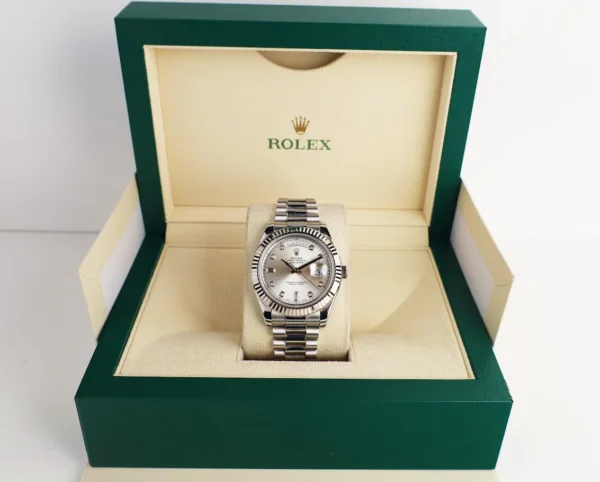 Rolex Day-Date 41mm White Gold Silver Diamond Dial & Fluted Bezel Oyster Bracelet 218239