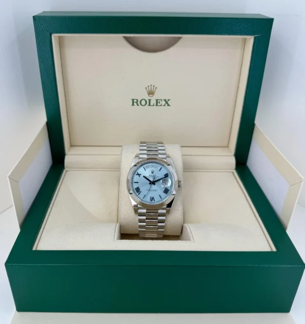 Rolex Day-Date 40 Platinum Ice Blue Quadrant Roman Dial Roman Dial & Smooth Bezel President Bracelet 228206 - - Image 3