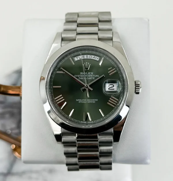 Rolex Day-Date 40 Platinum Olive Green Roman Dial & Smooth Bezel President Bracelet 228206 -