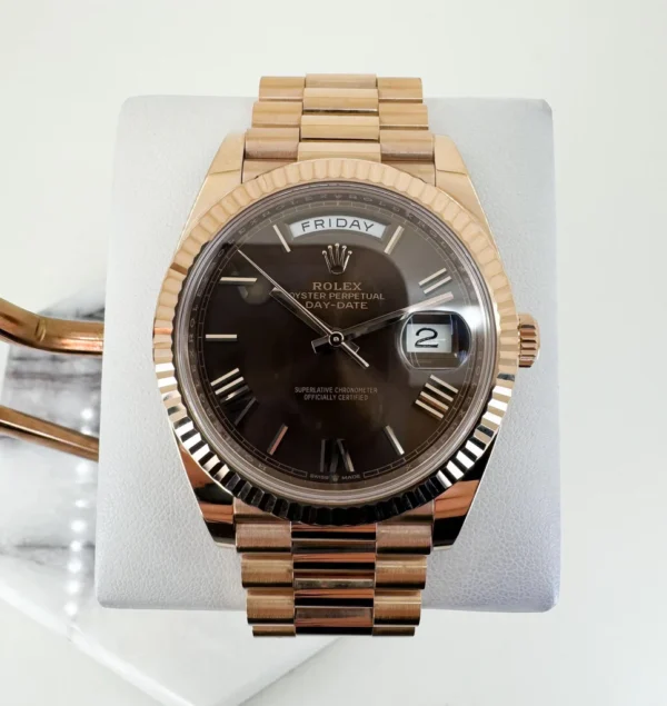 Rolex Day-Date 40 Rose Gold Chocolate Roman Dial & Fluted Bezel President Bracelet 228235 -