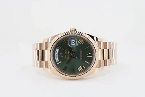 Rolex Day-Date 40 Rose Gold Olive Green Roman Dial & Fluted Bezel President Bracelet 228235 - - Image 3