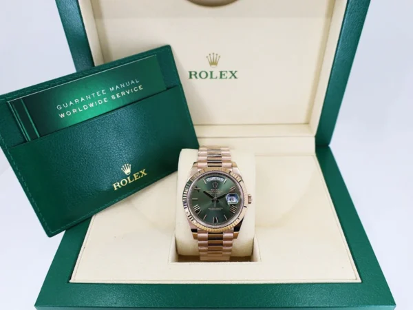 Rolex Day-Date 40 Rose Gold Olive Green Roman Dial & Fluted Bezel President Bracelet 228235 - - Image 2