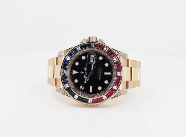 Rolex Everose GMT-Master II 40 Watch - Diamond Lugs - Diamond Sapphire Emerald Bezel - Black Dial - Oyster Bracelet - 126755SARU bk - Image 3