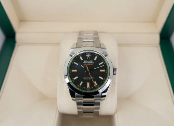 Rolex Milgauss Green Crystal Stainless Steel Black Dial Smooth Bezel Oyster Bracelet 116400GV - Image 2