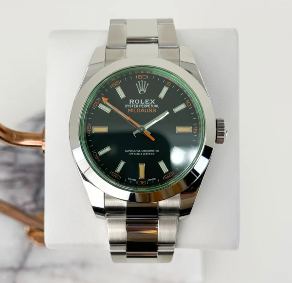 Rolex Milgauss Green Crystal Stainless Steel Black Dial Smooth Bezel Oyster Bracelet 116400GV