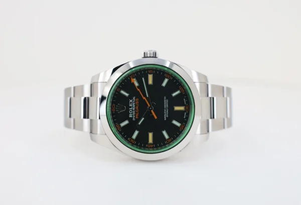 Rolex Milgauss Green Crystal Stainless Steel Black Dial Smooth Bezel Oyster Bracelet 116400GV - Image 4