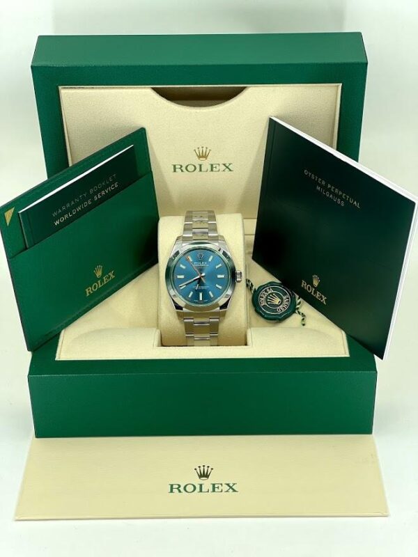 Rolex Milgauss Green Crystal Stainless Steel Blue Dial & Bezel Oyster Bracelet 116400GV - Image 2