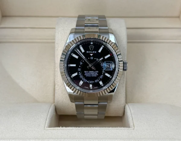 Rolex Sky-Dweller Stainless Steel Black Index Dial Fluted White Gold Bezel Oyster Bracelet 326934 - Image 2