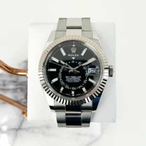 Rolex Sky-Dweller Stainless Steel Black Index Dial Fluted White Gold Bezel Oyster Bracelet 326934