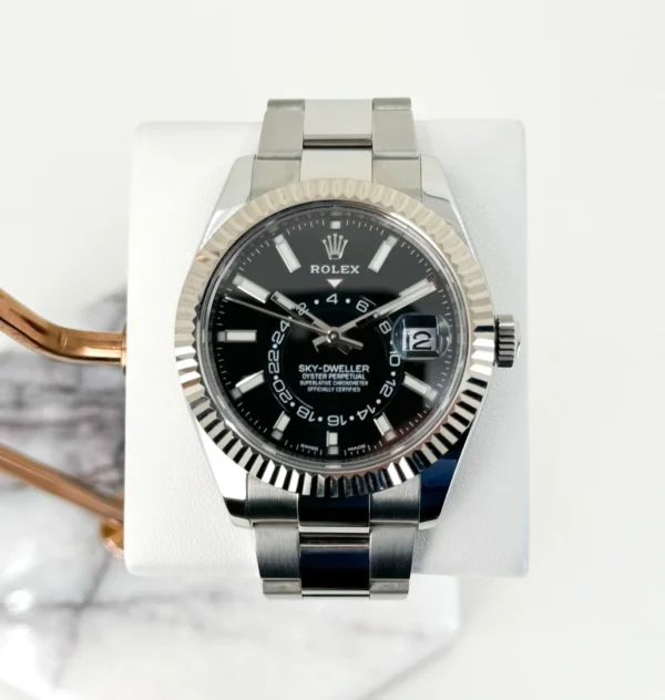 Rolex Sky-Dweller Stainless Steel Black Index Dial Fluted White Gold Bezel Oyster Bracelet 326934