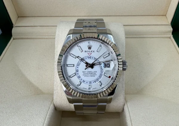 Rolex Sky-Dweller Stainless Steel White Index Dial Fluted White Gold Bezel Oyster Bracelet 326934 - Image 2