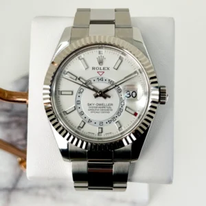 Rolex Sky-Dweller Stainless Steel White Index Dial Fluted White Gold Bezel Oyster Bracelet 326934
