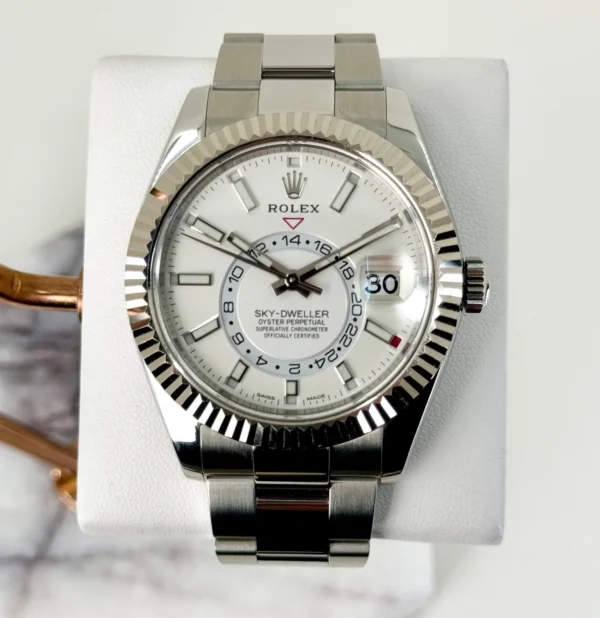 Rolex Sky-Dweller Stainless Steel White Index Dial Fluted White Gold Bezel Oyster Bracelet 326934