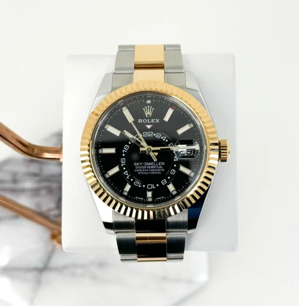 Rolex Sky-Dweller Yellow Gold/Steel Black Index Dial Fluted Bezel Oyster Bracelet 326933