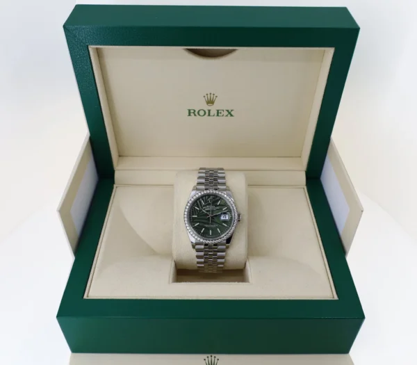 Rolex White Rolesor Datejust 36 Watch - Diamond Bezel - Olive Green Palm Motif Index 6 Dial - Jubilee Bracelet - 126284rbr ogpmij - Image 2