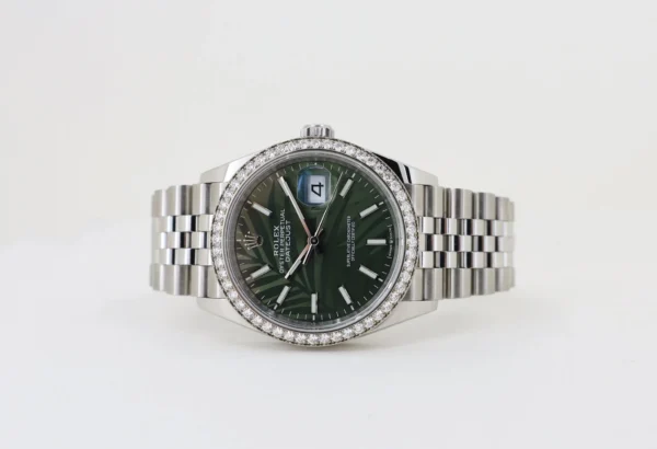 Rolex White Rolesor Datejust 36 Watch - Diamond Bezel - Olive Green Palm Motif Index 6 Dial - Jubilee Bracelet - 126284rbr ogpmij - Image 3