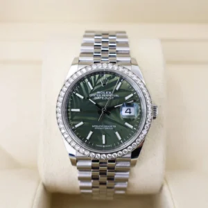 Rolex White Rolesor Datejust 36 Watch - Diamond Bezel - Olive Green Palm Motif Index 6 Dial - Jubilee Bracelet - 126284rbr ogpmij