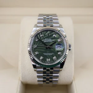 Rolex White Rolesor Datejust 36 Watch - Fluted Bezel - Olive Green Palm Motif Diamond 6 Dial - Jubilee Bracelet - 126234 ogpmdj