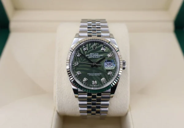 Rolex White Rolesor Datejust 36 Watch - Fluted Bezel - Olive Green Palm Motif Diamond 6 Dial - Jubilee Bracelet - 126234 ogpmdj