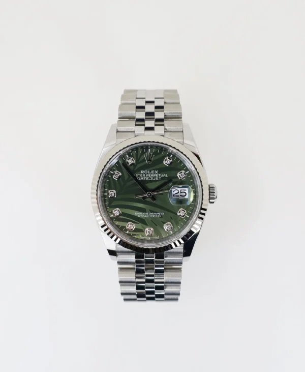 Rolex White Rolesor Datejust 36 Watch - Fluted Bezel - Olive Green Palm Motif Diamond 6 Dial - Jubilee Bracelet - 126234 ogpmdj - Image 3