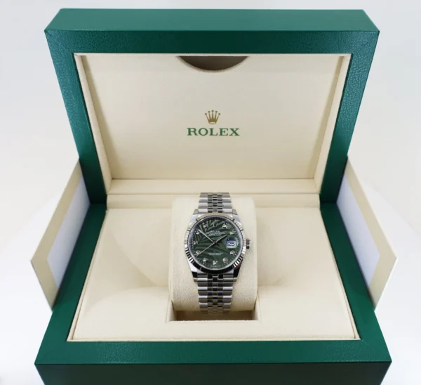 Rolex White Rolesor Datejust 36 Watch - Fluted Bezel - Olive Green Palm Motif Diamond 6 Dial - Jubilee Bracelet - 126234 ogpmdj - Image 2