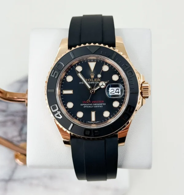 Rolex Yacht-Master 40 Rose Gold Everose 18k Black Dial Ceramic Bezel Oysterflex Rubber Bracelet 116655